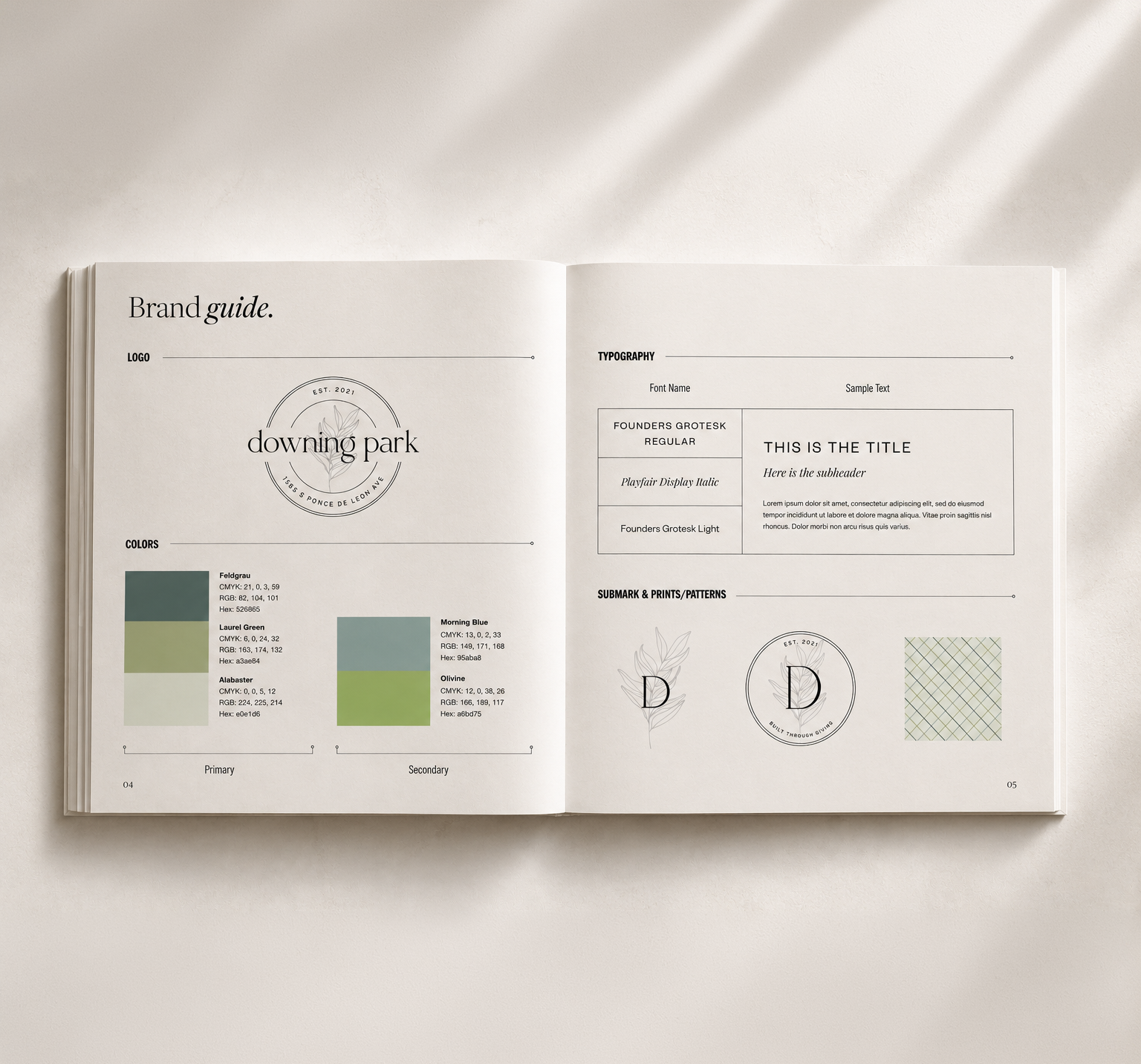 Downing Park brand guide showing logo, typography, colors, and supporting patterns