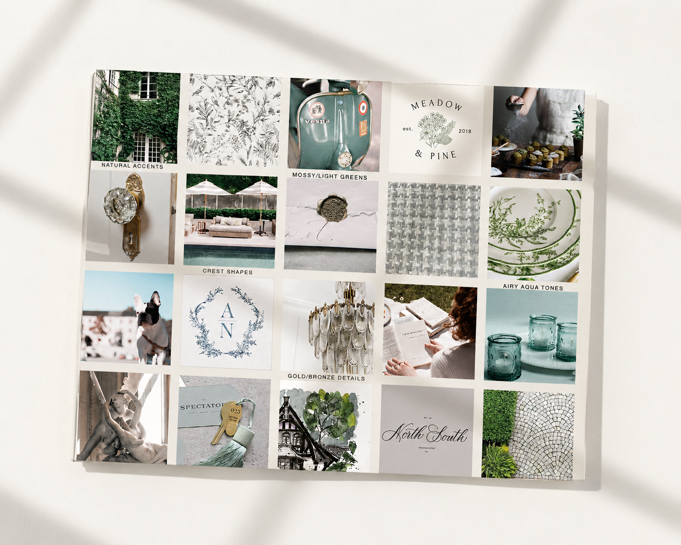 Downing Park brand moodboard with natural textures, architectural references, and identity imagery