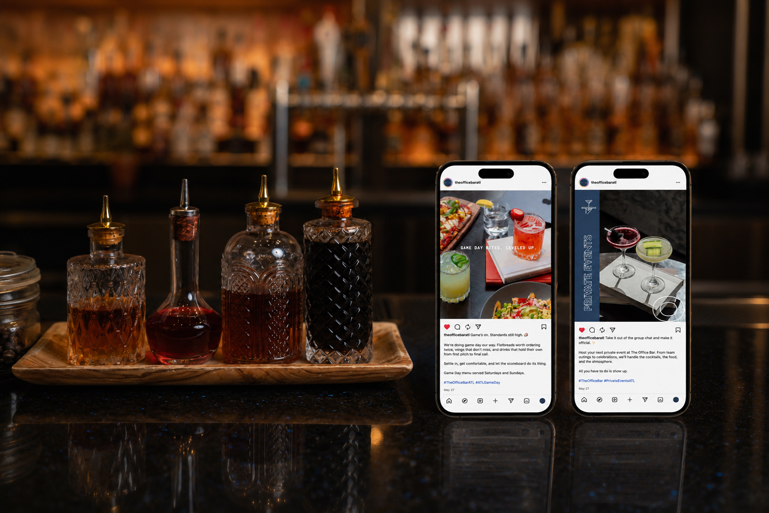 The Office Bar two-phone social media mockup